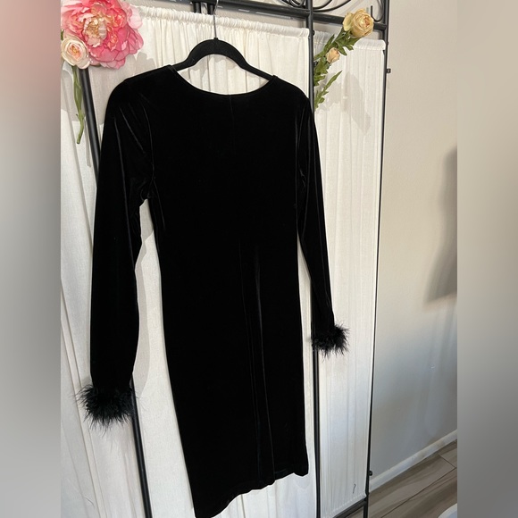 Vintage Stepping Out, black velour dress with black feather around the cuff. - Picture 2 of 5